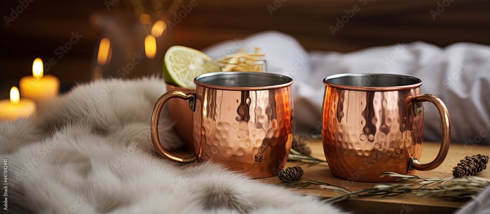 Moscow Mule Mugs resting on a bed served on a wooden board with a white blanket