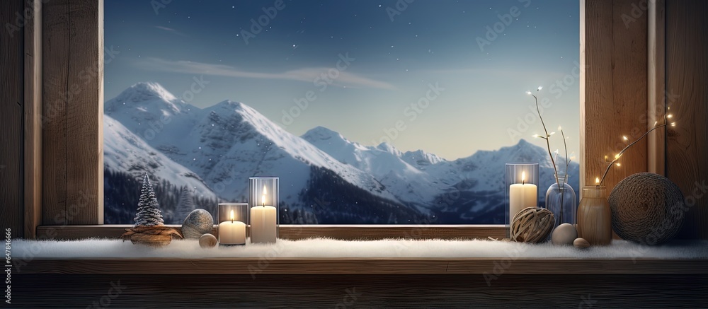 Product table with advertising space Warm candlelit lamp Window with view of winter mountains and mo