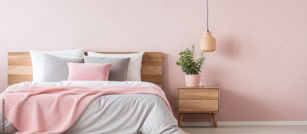 Real photo of a lamp on a cabinet beside a patterned bed with blue and pink bedding in a bedroom