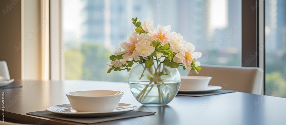 Luxurious condo with morning flower vase on dining table