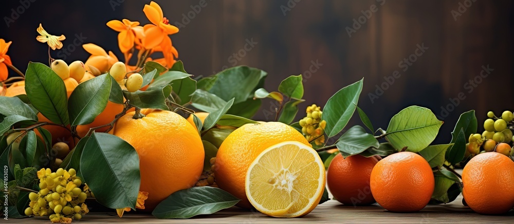 Fruit arrangement with tangerines viburnum pumpkin and persimmon on a table Delightful edible backgr