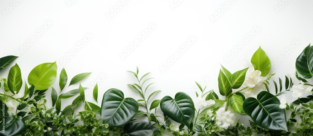 Green plants covering a white backdrop