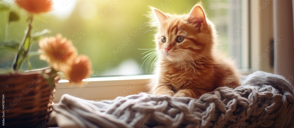 Home with kitten on windowsill and knitting in wicker basket