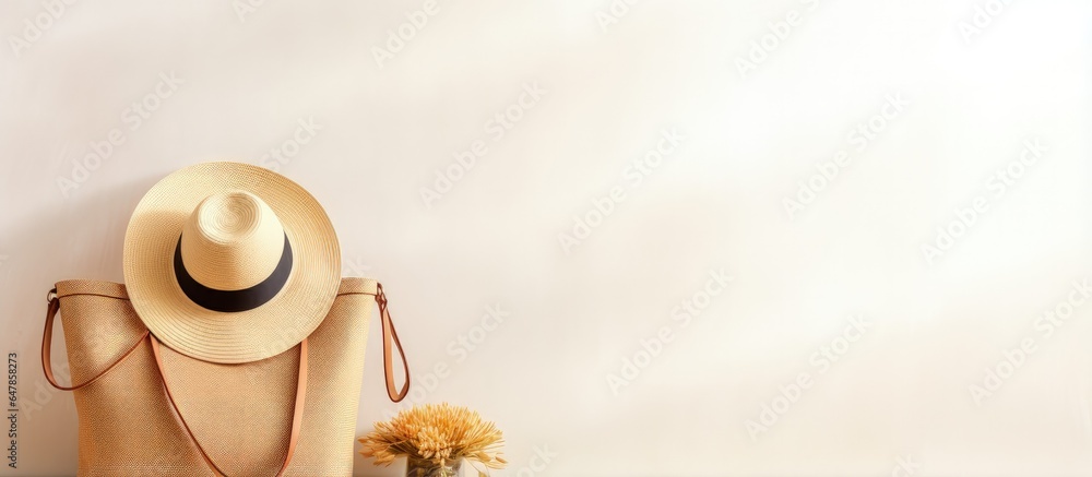 Minimalist Scandinavian hallway with women s straw bag towel hat and water bottle