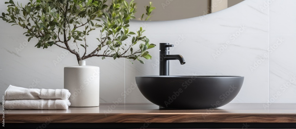 Modern bathroom with a chic mirror eucalyptus branches and vessel sink