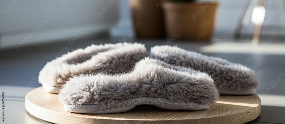 Grey modern slippers on rug in bathroom with a white bathtub in the background modern cozy home spa 