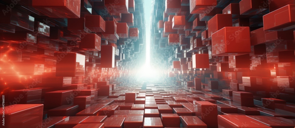 depiction of corridor with floating red cubes