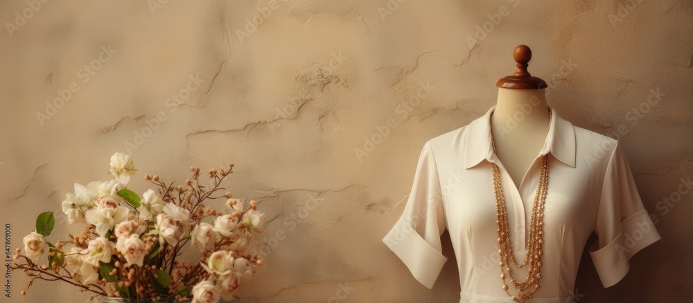 Hanger on wall holding blouse and necklace