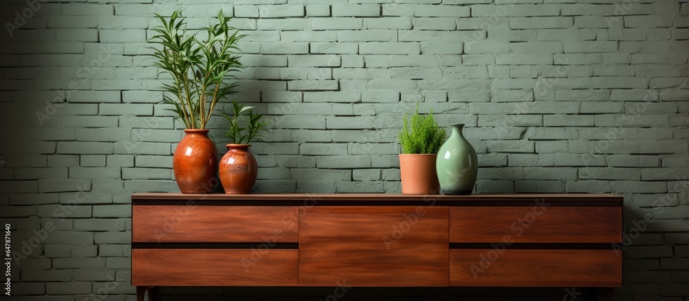 Empty living room with a wooden drawer and a green plant in a pottery vase against a red brick wall