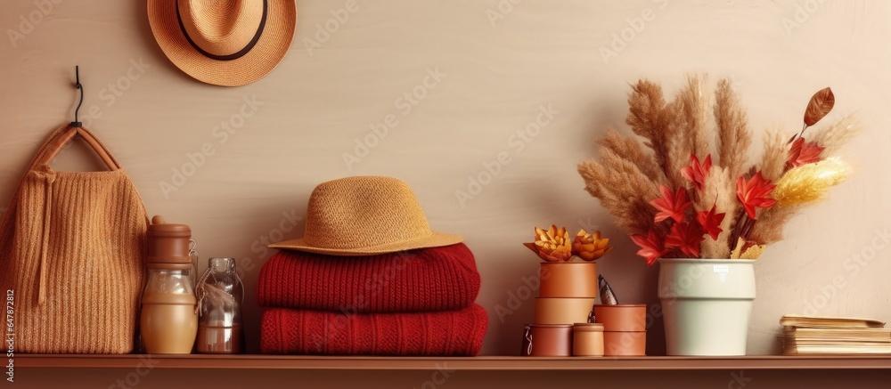 Knit sweaters hat bag and vases displayed on wardrobe shelf