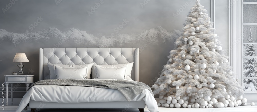 New Year s bedroom with large bed and festive tree inside