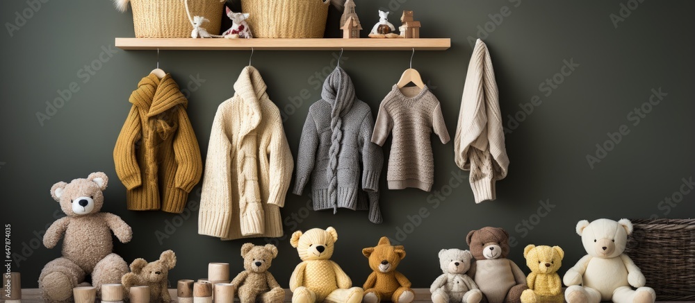 Knitted clothes for children including jackets jumpers hats shoes and toys displayed on hangers in a