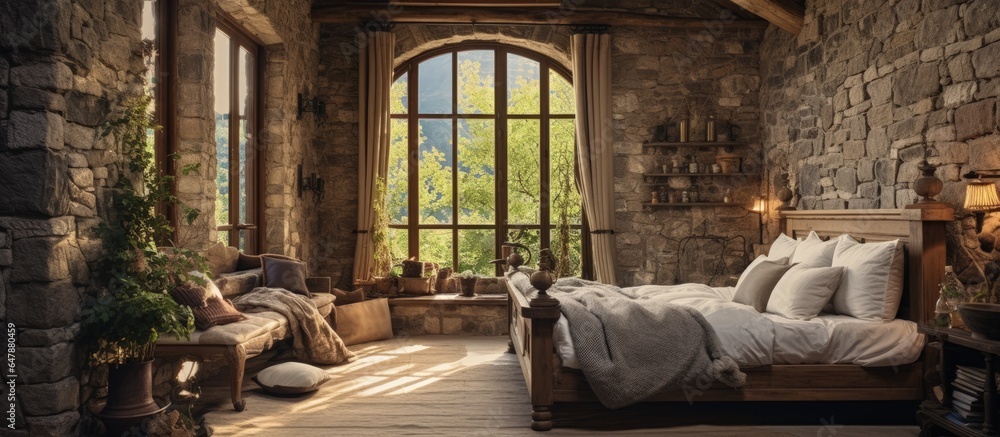 Cozy rustic bedroom with wooden beams and stone walls in a Mediterranean style residence