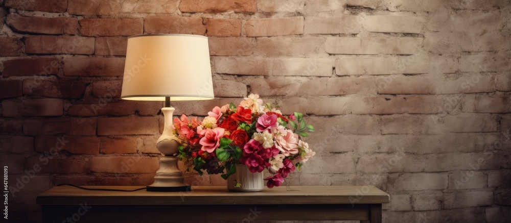 Flowers and table lamp against brick wall