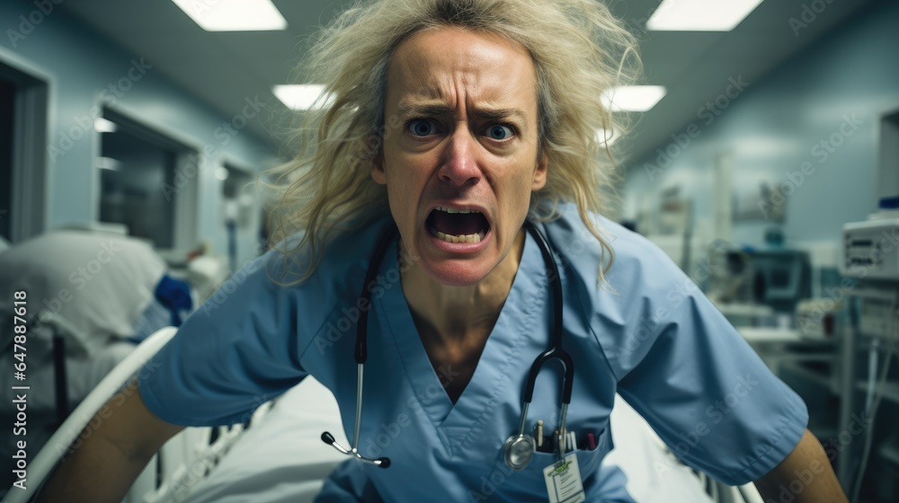 Angry patient in emergency department at hospital.