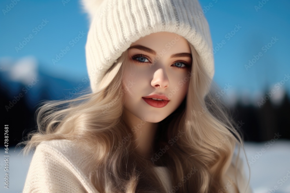 Beautiful woman wear A white knitted cap with blond hairs.