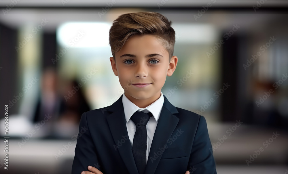 Little boy wearing a business suit and tie against a conference room background.