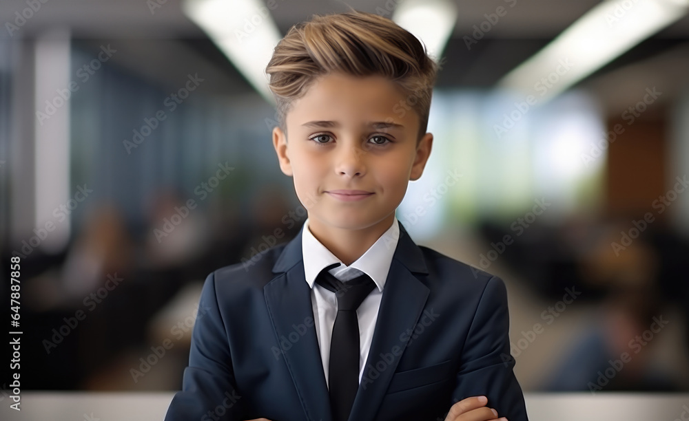 Little boy wearing a business suit and tie against a conference room background.