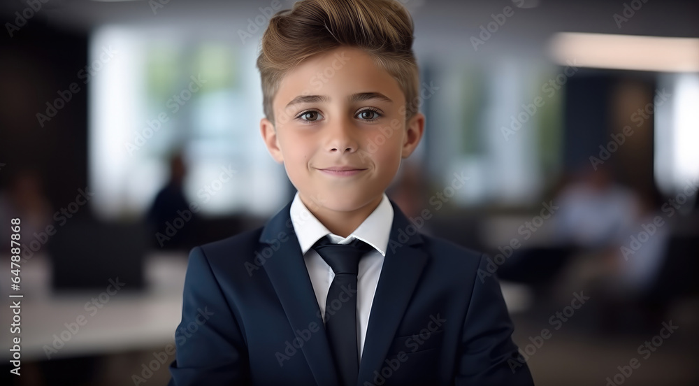 Little boy wearing a business suit and tie against a conference room background.