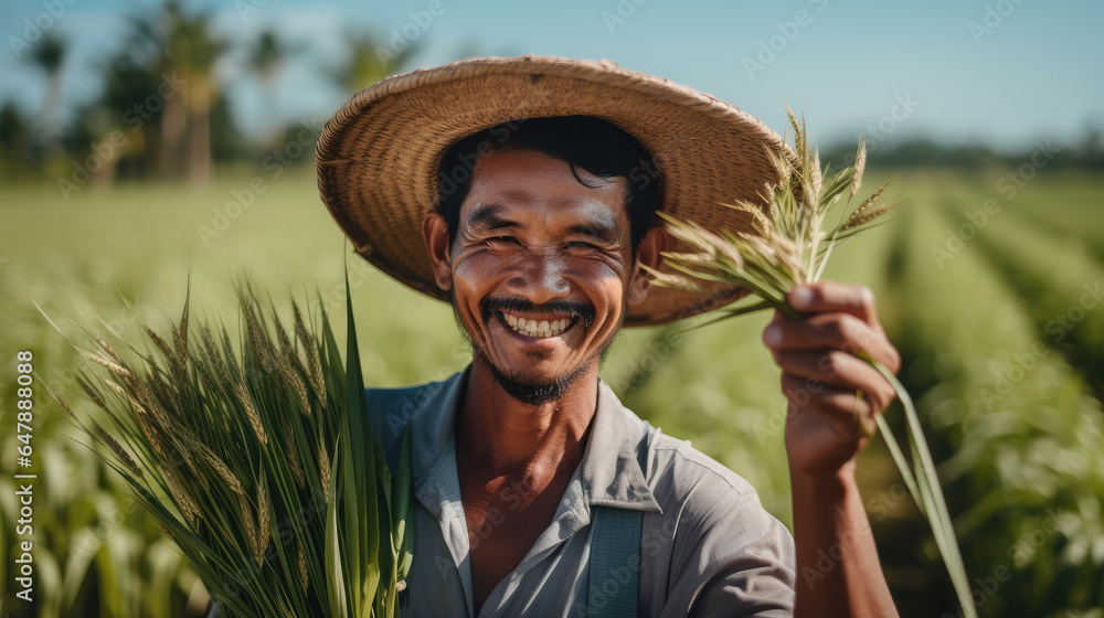 Farmer hold paddy crop at the rice field.