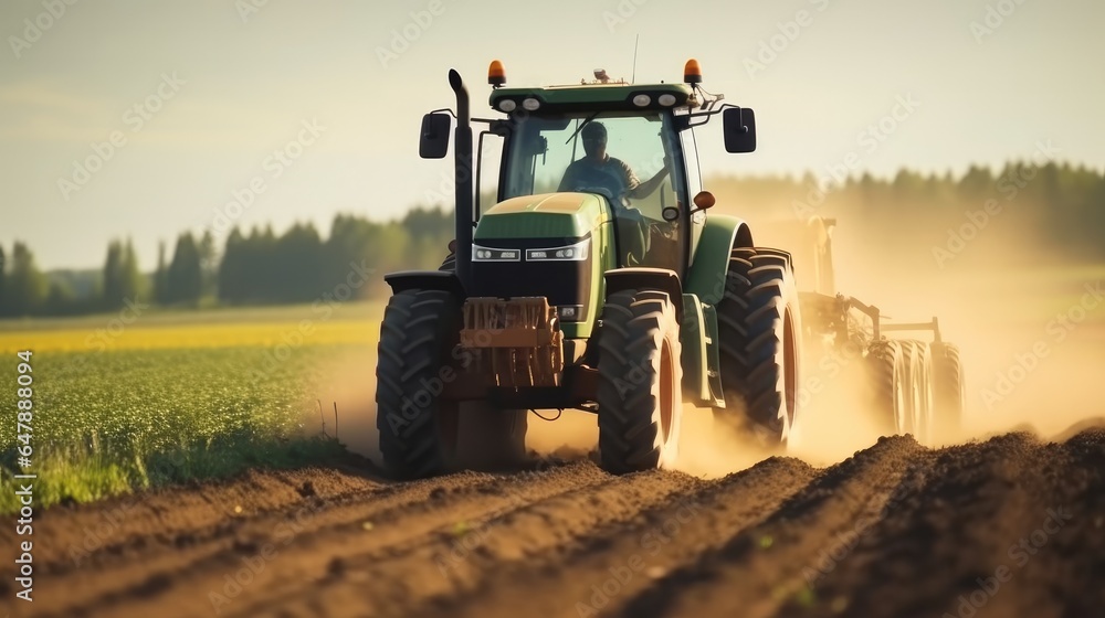 Farmer using a tractor and planting implement, Plants potatoes in the fertile farm fields.