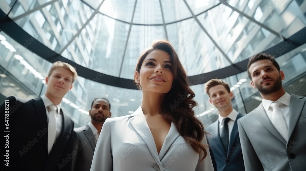 Portrait of confident businessmen and businesswomen posing in glass building, Low-angle shot.