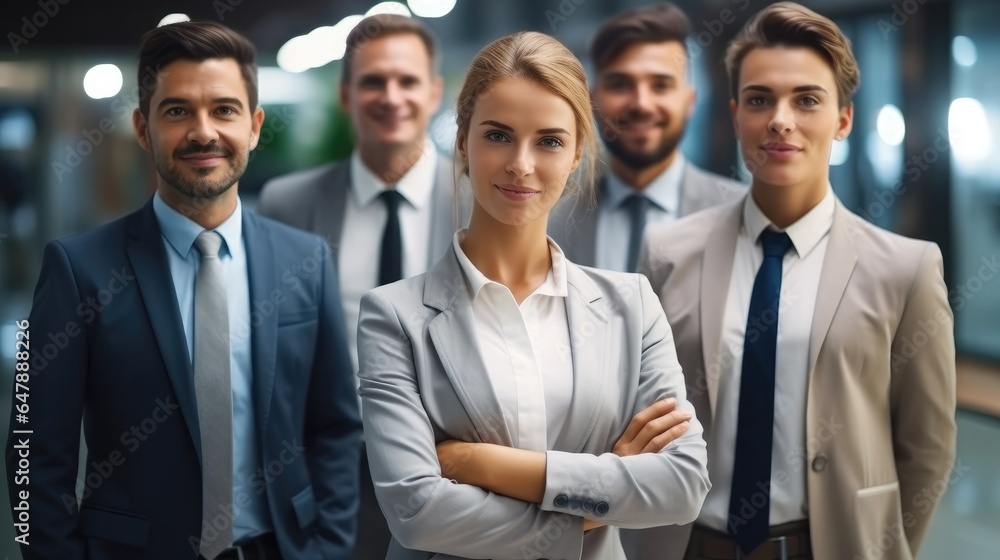 Portrait of happy businessmen and satisfied businesswomen standing as a team