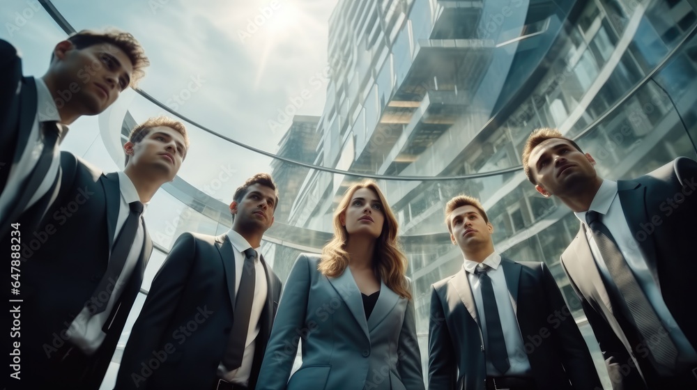 Portrait of confident businessmen and businesswomen posing in glass building, Low-angle shot.