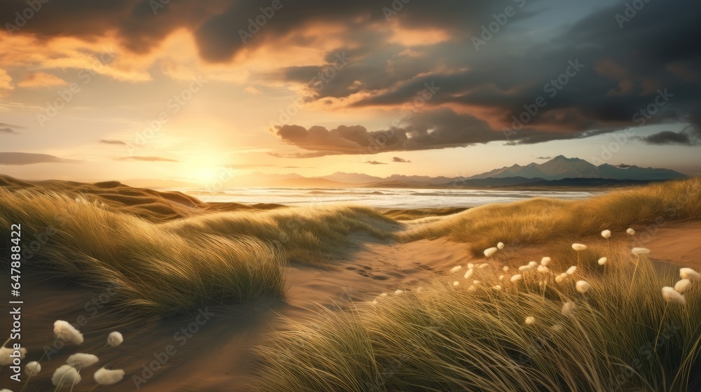 Landscape of a prairie with long grass at sunrise.