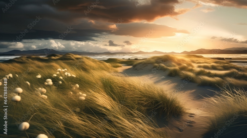 Landscape of a prairie with long grass at sunrise.