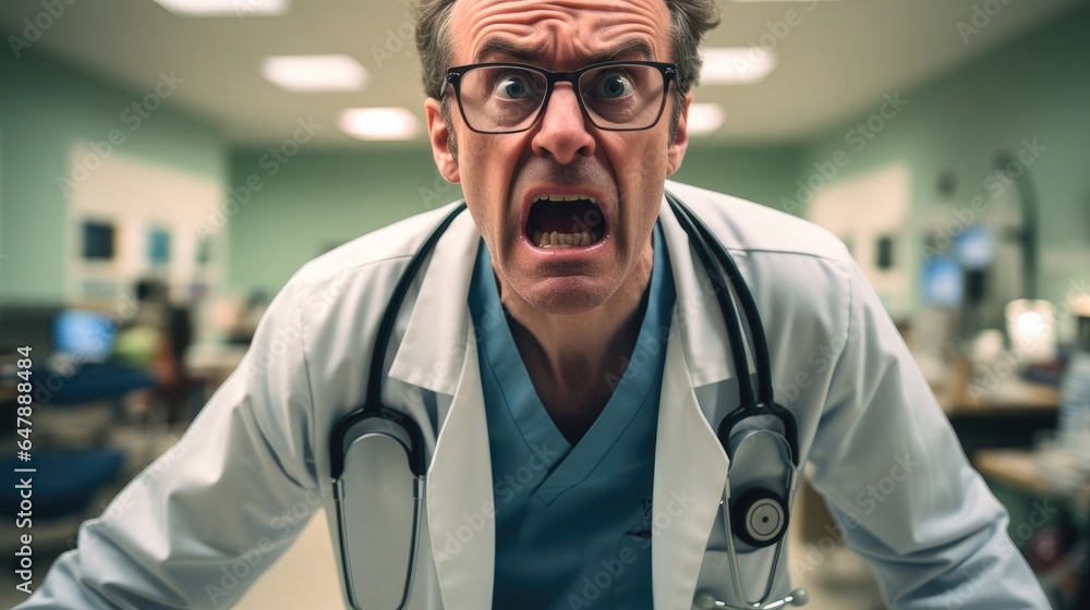 Man doctor angry in emergency department at hospital.