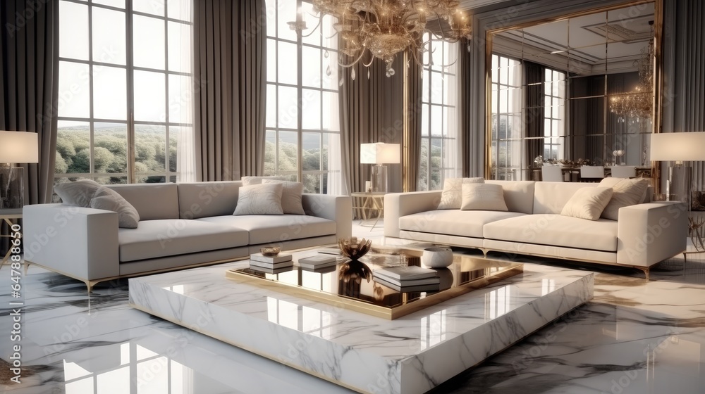 Modern luxury living room. Sleek and minimalist design with luxurious finishes, Polished marble floo