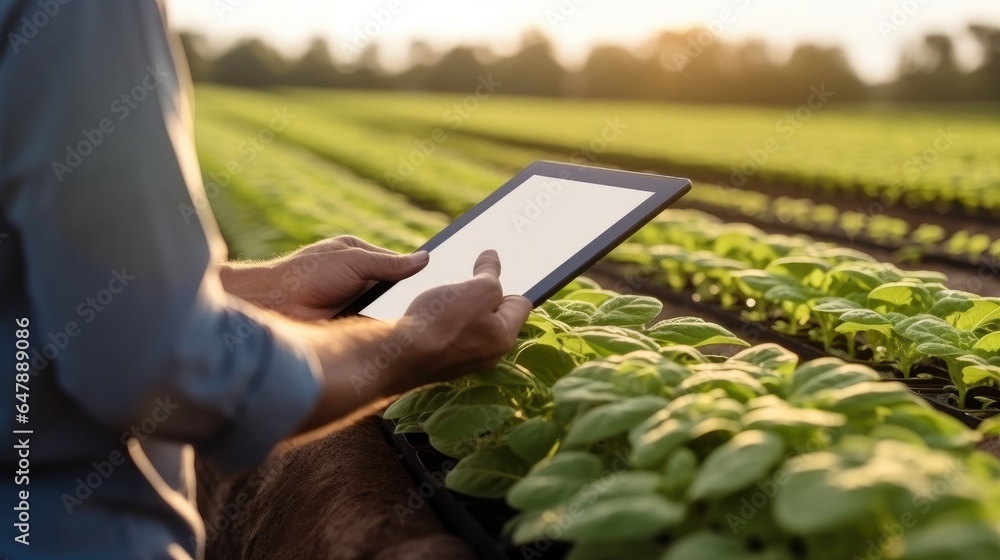 Modern agricultural technology, Farmer using a tablet to monitor crop growth and soil health.