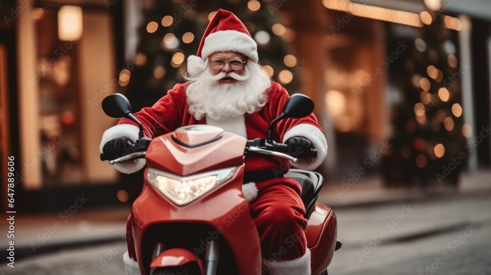 Santa Claus riding an electric scooter for delivery gifts in city road.