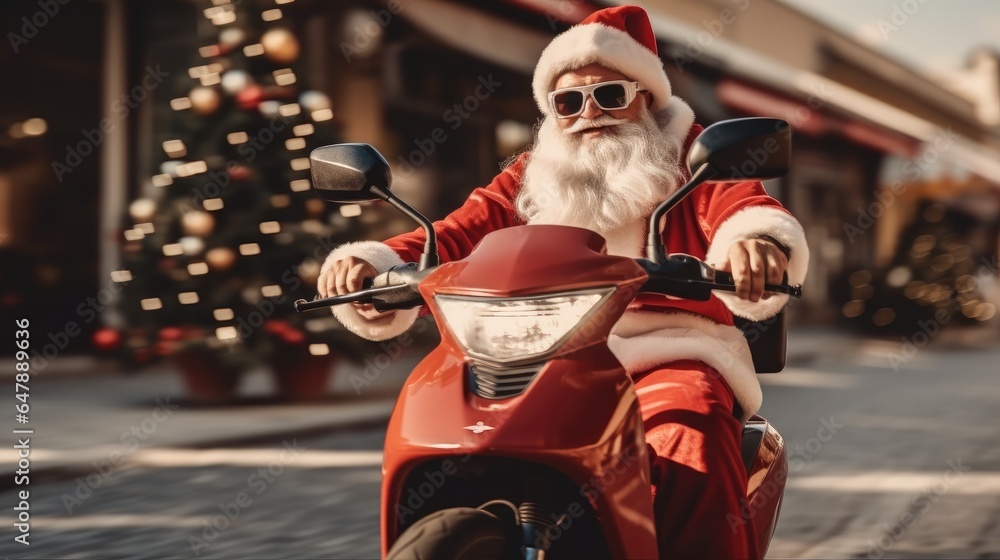 Santa Claus riding an electric scooter for delivery gifts in city road.