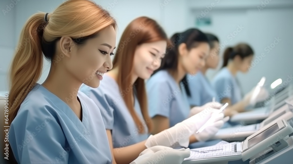 Medical intern studies assistant in an exam room.