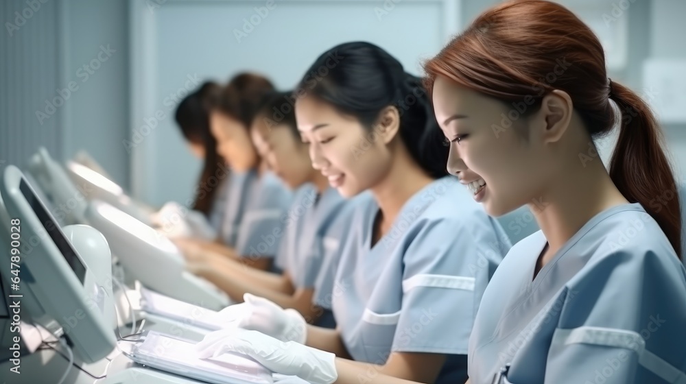 Medical intern studies assistant in an exam room.