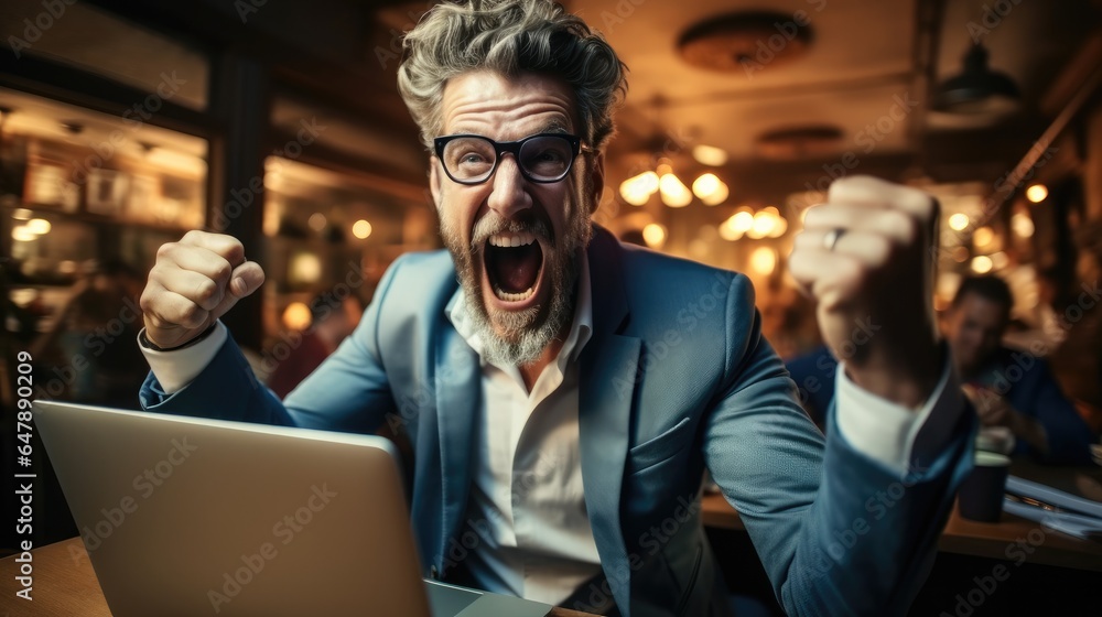 Successful entrepreneur celebrating with fist pump in front of laptop at workplace.