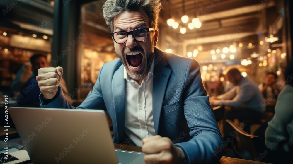 Successful entrepreneur celebrating with fist pump in front of laptop at workplace.