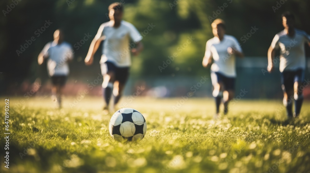 Team of soccer players playing soccer in soccer field.