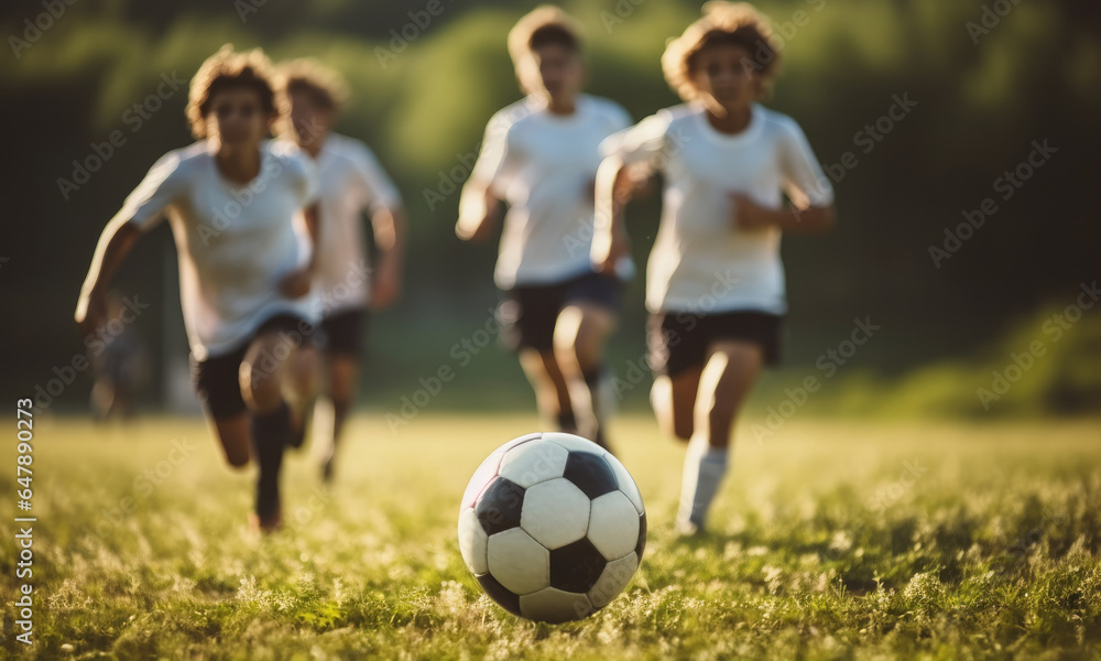 Team of soccer players playing soccer in soccer field.