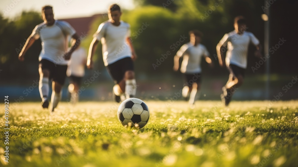 Team of soccer players playing soccer in soccer field.