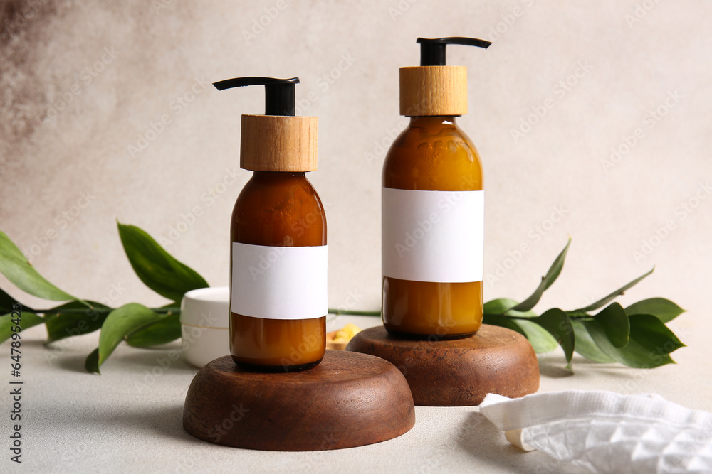 Bottles of shampoo on white background