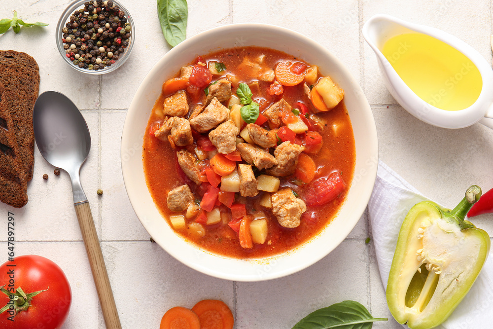 Bowl of tasty beef stew, vegetables, oil and peppercorn on white tile background