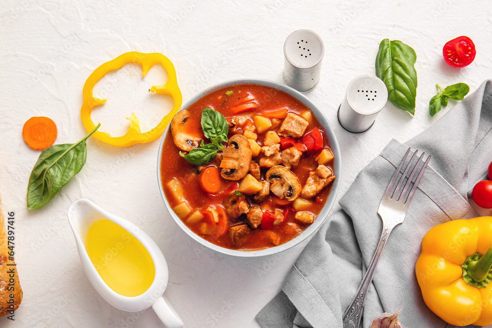 Bowl of tasty beef stew and ingredients on white background