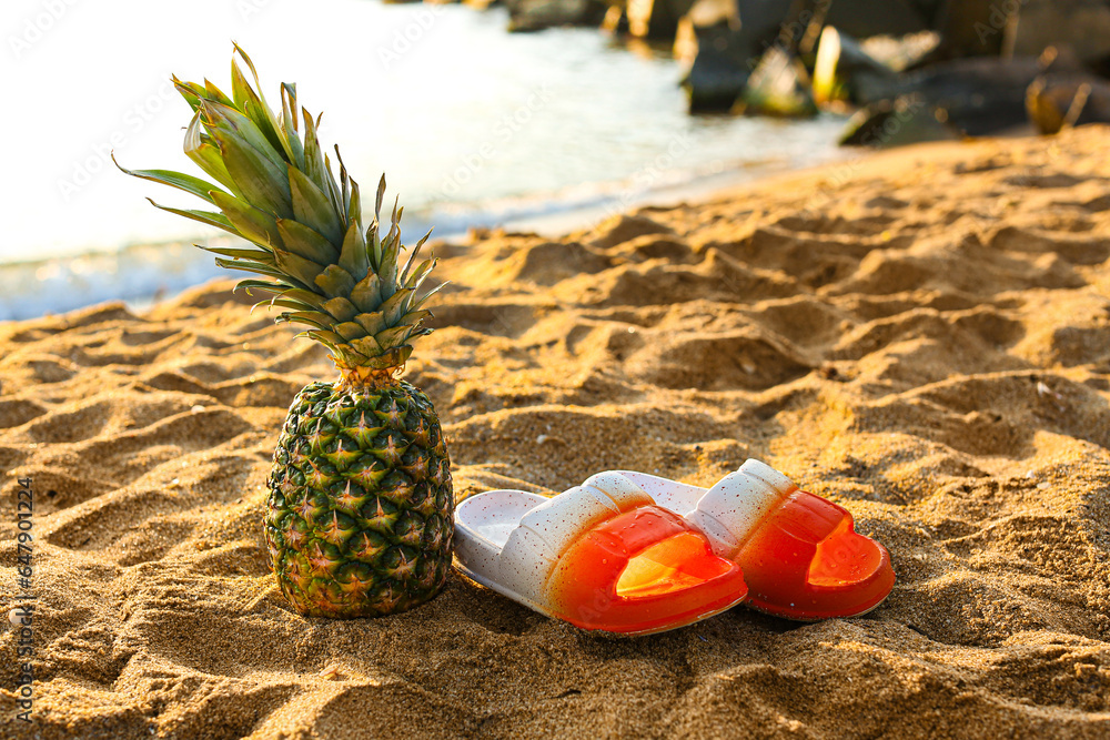 Stylish flips flops with pineapple on sand near ocean at resort