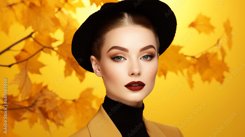 Beautiful model with autumn leaves