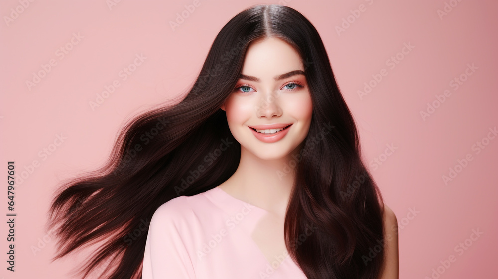 Haircare theme with woman with long black hair