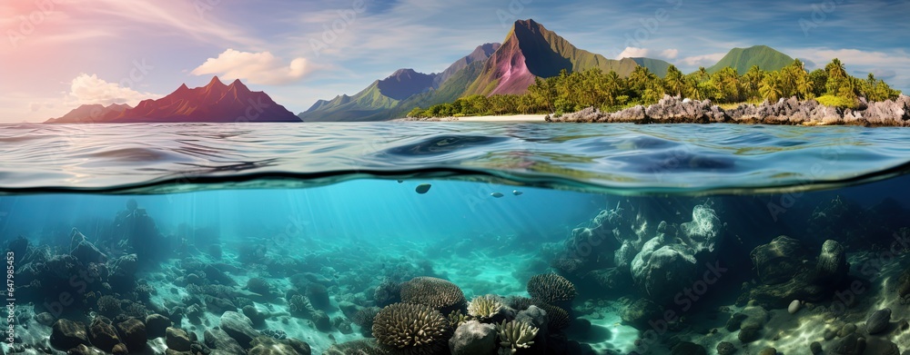 beautiful aerial view of blue water ocean lagoon with coral reef , generative Ai