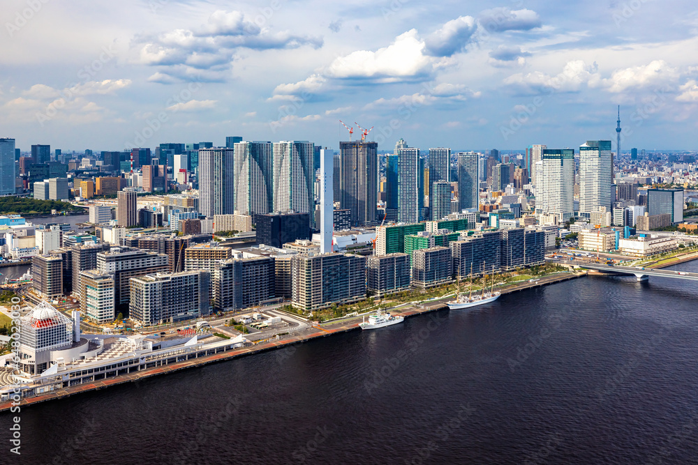 Aerial view of Odaiba Harbor in Minato City, Tokyo, Japan